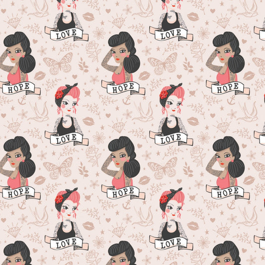 Tattoo Parlour from Camelot Fabrics - 1/2 Yard Light Peach Tattoo Girls - Tattoo Girl Cameos on Peach Butterfly, Sparrow Flower Background