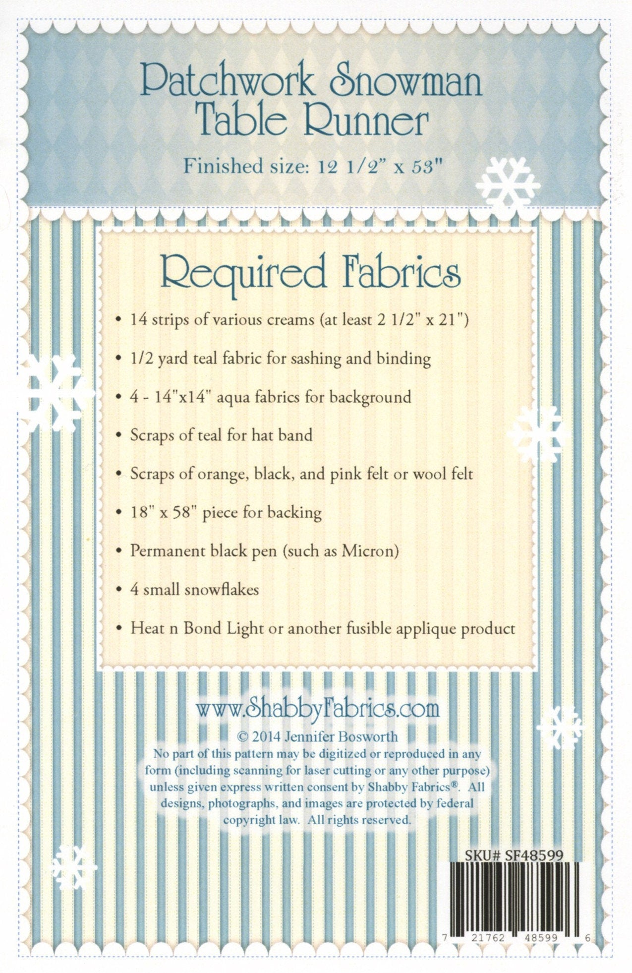 Patchwork Snowman Table Runner Pattern from Shabby Fabrics - 12.5" x 53" Quilted Table Runner Pattern/Instructions