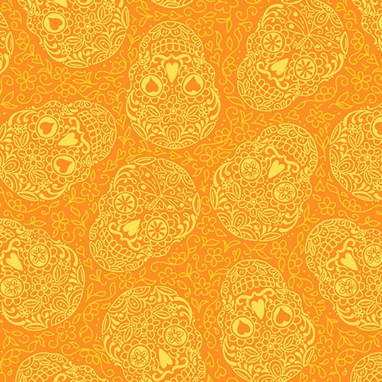 Sugar Skulls from Andover Fabrics - 1/2 Yard Mango - Orange Skulls