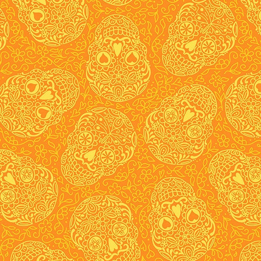 Sugar Skulls from Andover Fabrics - 1/2 Yard Mango - Orange Skulls