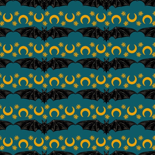 Storybook Halloween from Free Spirit Fabrics - 1/2 Yard Cosmic Stripe - Bats and Moons on Dark Teal