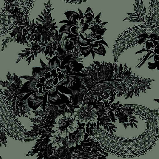 Floral Lace from Midnight Lace for Marcus Fabrics - Half Yard - Black Flower Bouquets and Lace on Teal
