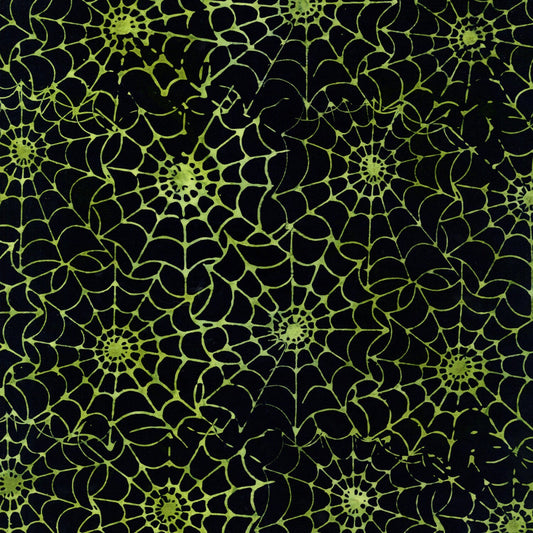 Spellbound Batik from Timeless Treasures - 1/2 Yard Spooky Spider Web Lime Green Webs on Black