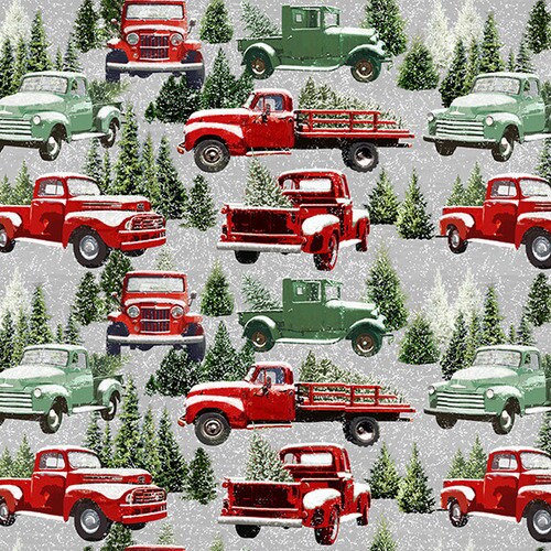 The Tradition Continues from Henry Glass - Half Yard Red and Green Trucks and Pine Trees on Gray