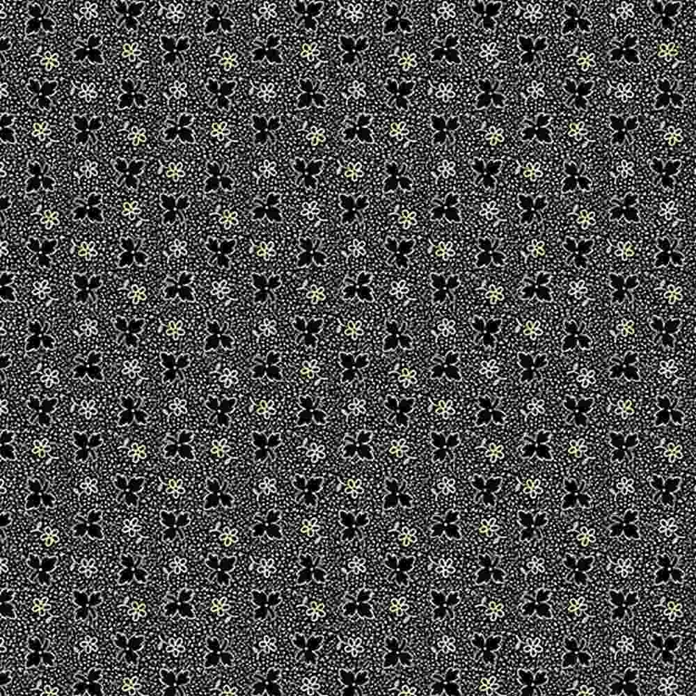 Leaf Flower from Midnight Lace for Marcus Fabrics - Half Yard - Black Leaves and Flowers on a Black and Tan Speckled Back