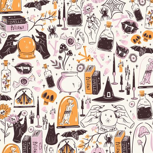 Ghostly and Haunted from Art Gallery Fabrics - 1/2 Yard Witching Hour Moon - Halloween Motifs - potions, crystal ball, bats, black cats