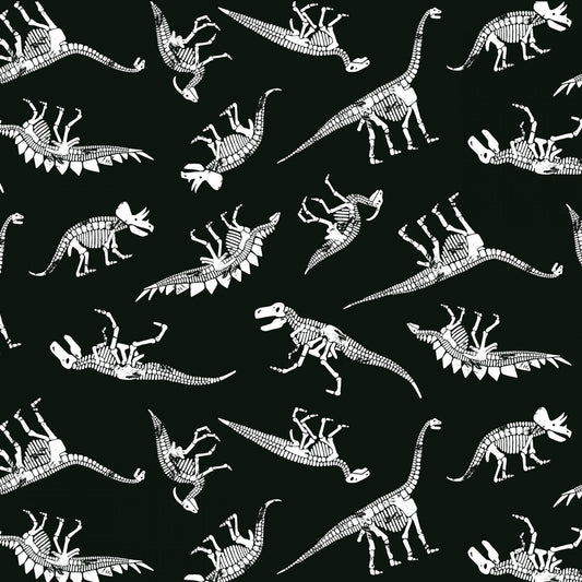 Dinosaurs from Timeless Treasures - 1/2 Yard Glow in the Dark Dinosaurs on Black - Dino Skeletons
