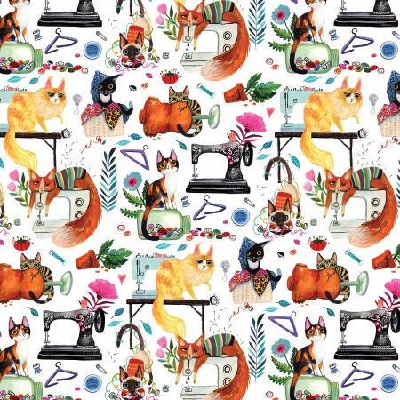 Sew Mischievous from Dear Stella - Half Yard Cats with Sewing Machines on White