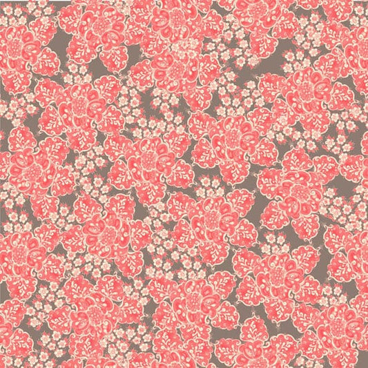 Fortini Flower in Coral from Studio Palettes by River Bend - Half Yard of Coral Flowers on Grey