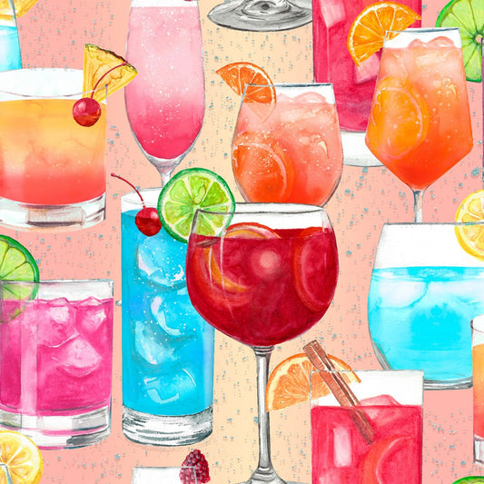 Mixology from 3 Wishes Fabrics - 1/2 Yard of Fancy Drinks on Pink