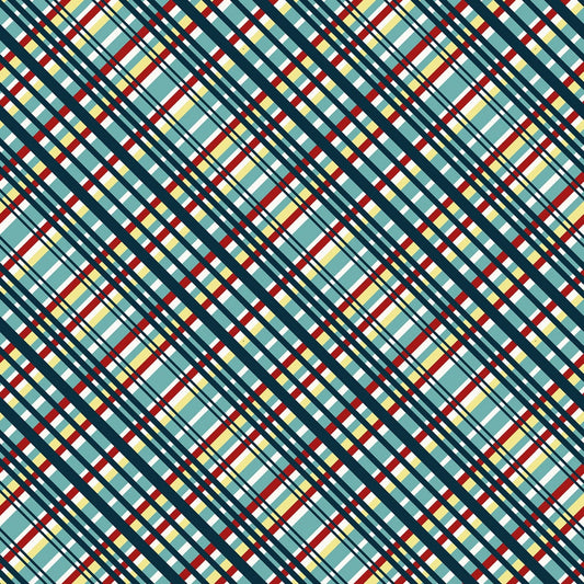 Zooming Chickens from Studio E Fabrics - 1/2 Yard Teal Red Diagonal Plaid