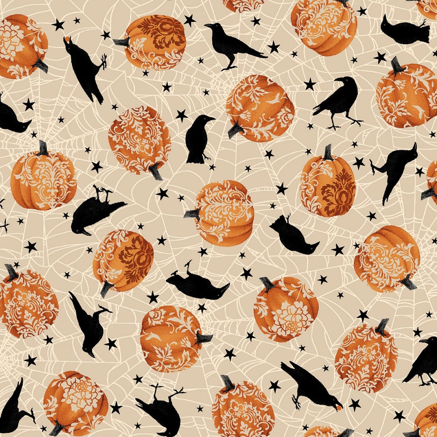Spooky Night from Studio E - 1/2 Yard Ecru Tossed Pumpkins and Crows - Halloween - 1 Yard Max Cut**