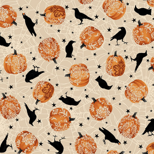 Spooky Night from Studio E - 1/2 Yard Ecru Tossed Pumpkins and Crows - Halloween - 1 Yard Max Cut**