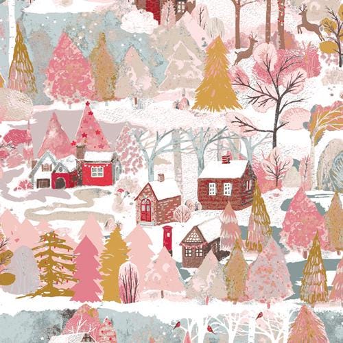 Adventale from Art Gallery Fabrics - 1/2 Yard Christmas Village - Pink, Red, Gold, Spruce
