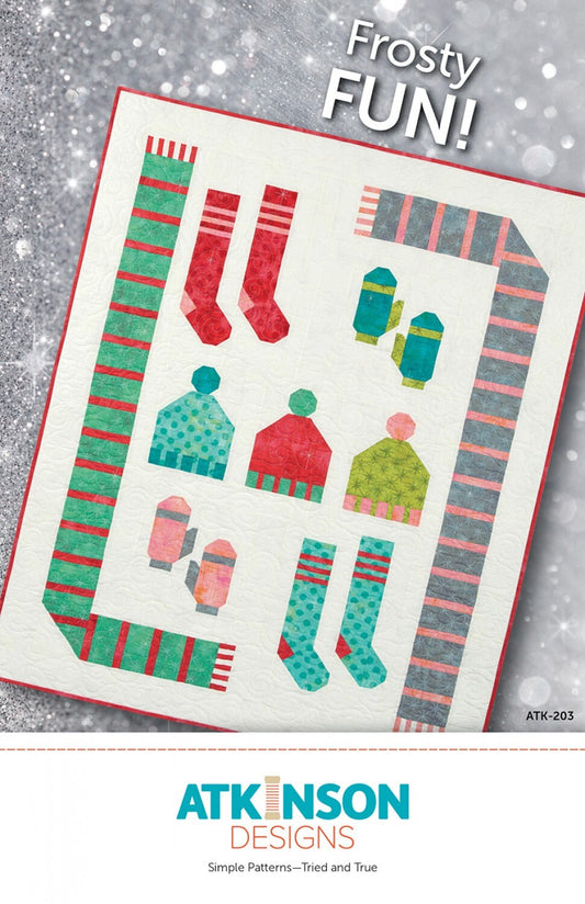 Frosty Fun Quilt Pattern from Atkinson Designs - 46.5" x 57.5" Lap Quilt Pattern Winter Hats, Socks, Mittens, Scarf