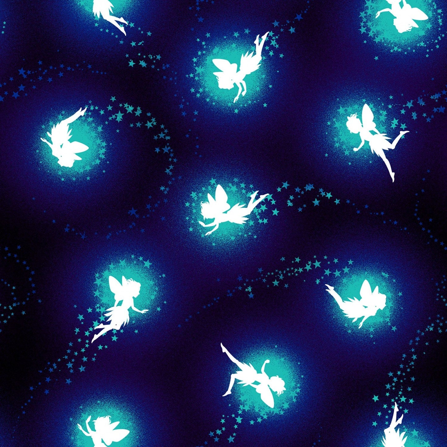 Summer Night Soiree Glow in The Dark Black Flying Fairies from Salt Meadows Studio - Half Yard of Glow in the Dark Fairies on Blue