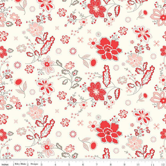 I love Us Main Cream from Riley Blake Fabrics - 1/2 Yard Red, Pink, Taupe Flowers and Leaves on Cream