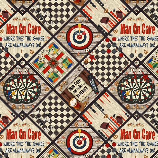 Game Night from Henry Glass Fabrics - 1/2 Yard Man Cave Patch - Darts, Dominos, Beer, Checkers