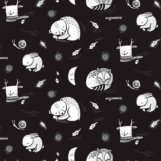 Harvest Moon from Dear Stella - Half Yard Black Hibernation - Sleeping Animals on Black - Black and White Bears, Fox, Rabbits