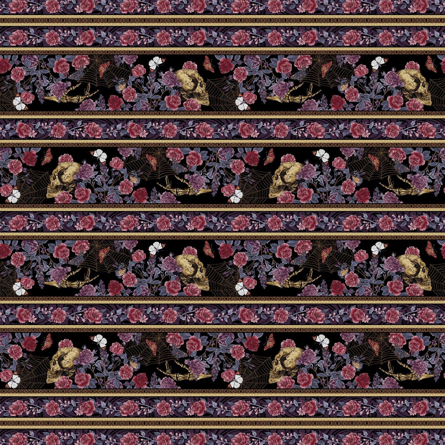 Bones Collection from Studio E - 1/2 Yard Black Border Stripe - Flowers Webs Moths Skulls