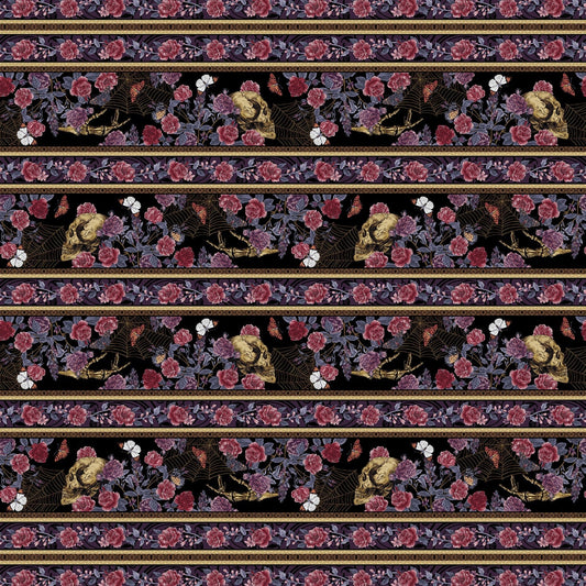Bones Collection from Studio E - 1/2 Yard Black Border Stripe - Flowers Webs Moths Skulls