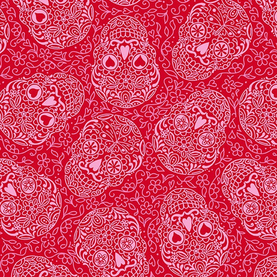 Sugar Skulls from Andover Fabrics - 1/2 Yard Strawberry - Red and Pink Skulls