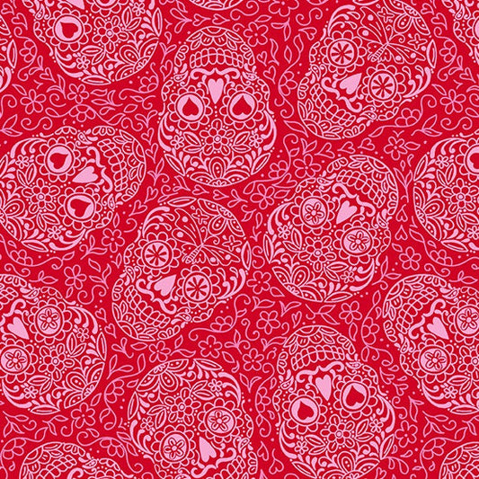 Sugar Skulls from Andover Fabrics - 1/2 Yard Strawberry - Red and Pink Skulls