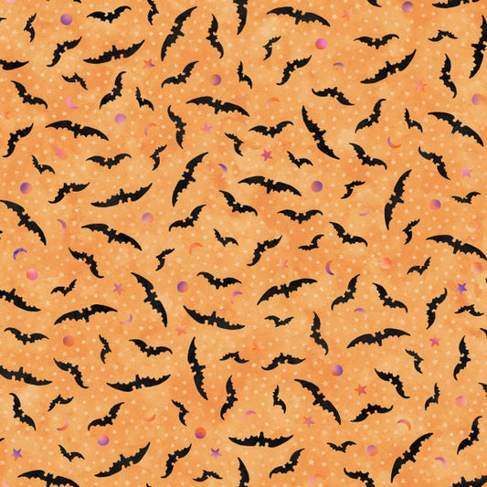 Spooky Hallow from Maywood Studios - 1/2 Yard Black Bats on Orange - Halloween