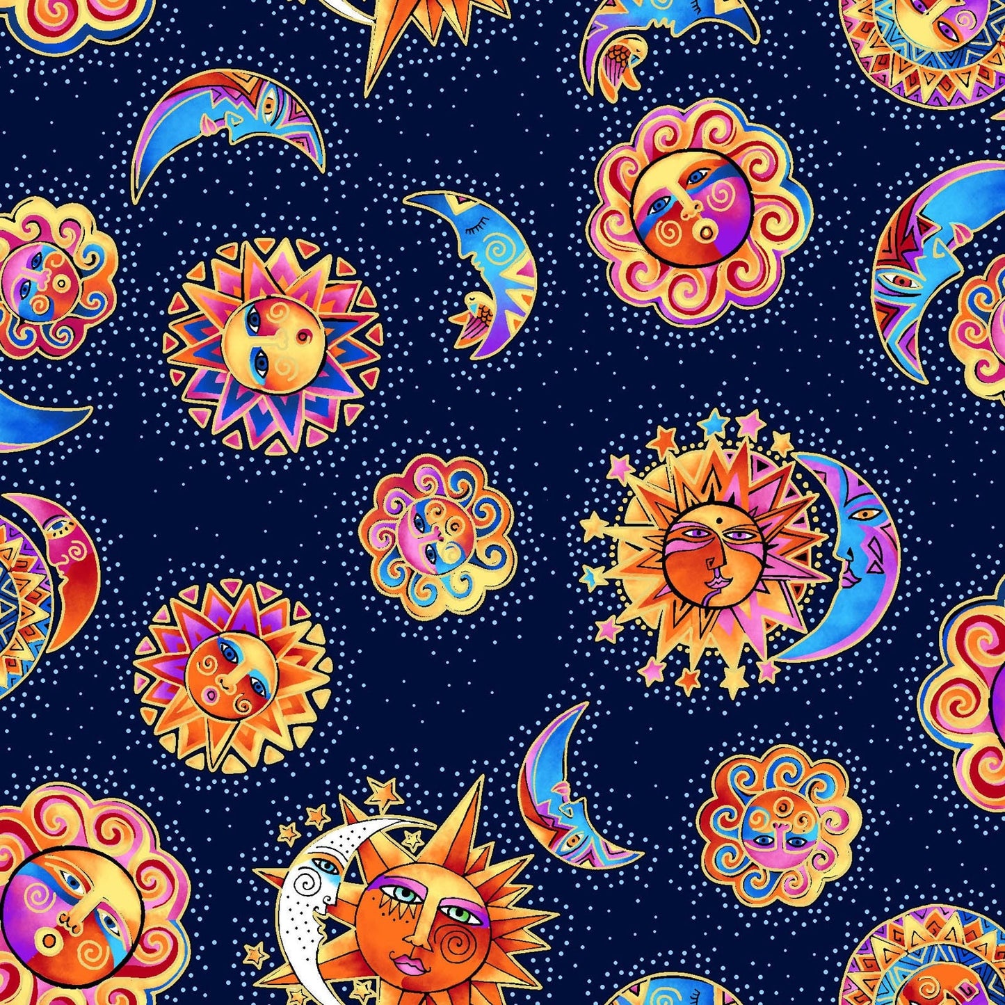 25% Off - Celestial Magic from Clothworks - 1/2 Yard Sun Moon on Blue - Laurel Burch Style