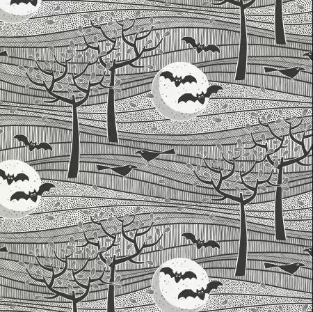 Night Landscape from Gothic Whimsy for Cloud9 Fabrics - 1/2 Yard Spooky Nightscape with Bats and Crows