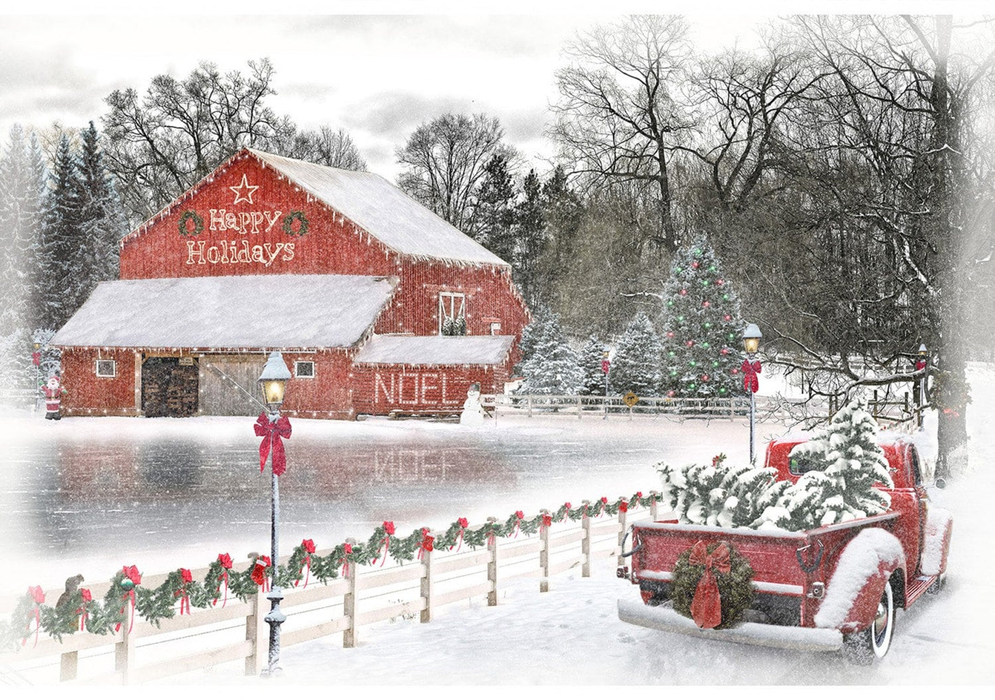 Stay til Winter from Hoffman Fabrics - 43" x 29" Panel Christmas Barn and Red Truck
