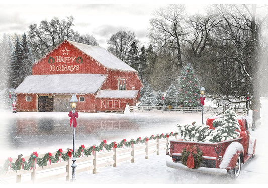 Stay til Winter from Hoffman Fabrics - 43" x 29" Panel Christmas Barn and Red Truck