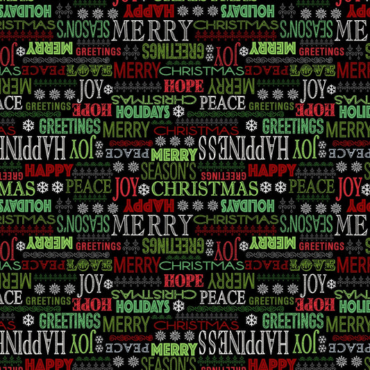 Holiday Greetings from Windham Fabrics - 1/2 Yard Black Cheerful Greetings - Christmas Words on Black