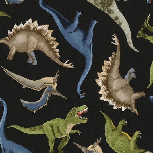 Realistic Dinosaurs from Timeless Treasures - 1/2 Yard Tossed Dinosaurs on Black - Stegasaurus, Brontosaurus, Tyrannosaurus Rex