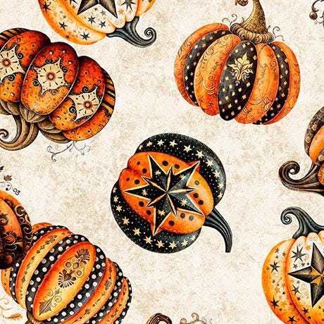 Jeepers Creepers from Quilting Treasures - 1/2 Yard Orange and Black Pumpkins on Cream - Halloween Ornate Pumpkins