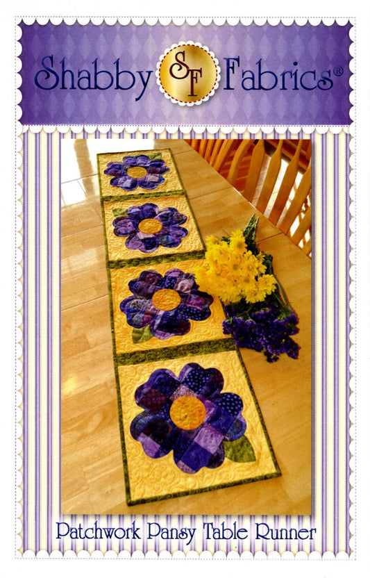 Patchwork Pansy Table Runner Pattern from Shabby Fabrics - 12.5" x 53" Flower Pieced and Applique Pattern