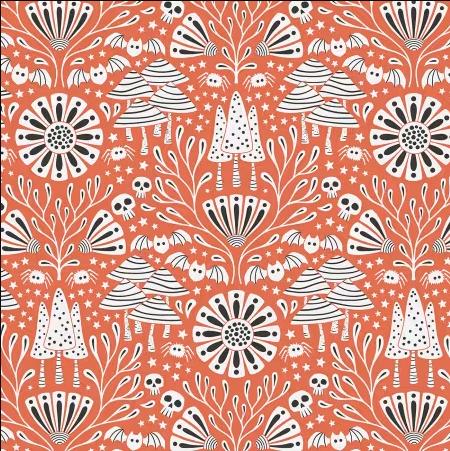Gothic Forrest from Gothic Whimsy for Cloud9 Fabrics - 1/2 Yard Black and White Mushrooms and Skulls on Orange