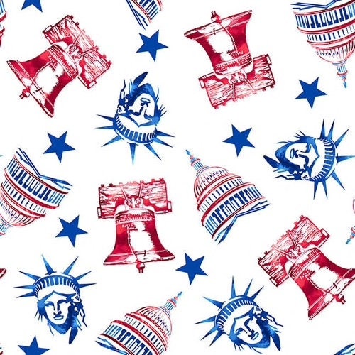 One Land, One Flag from Blank Quilting - 1/2 Yard Red Liberty Bell, Blue Lady Liberty and Stars on White