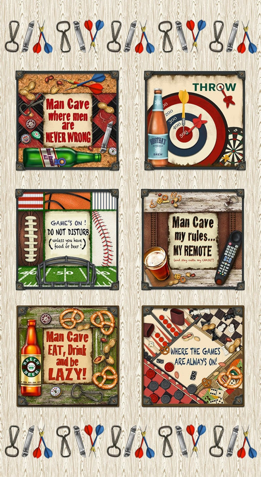 Game Night from Henry Glass Fabrics - 24" x 44" Panel Man Cave, Darts, Football