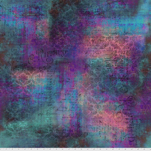 Abandoned II by Tim Holtz for Free Spirit - 1/2 Yard Rue La Peltier - Script on Blue and Purple