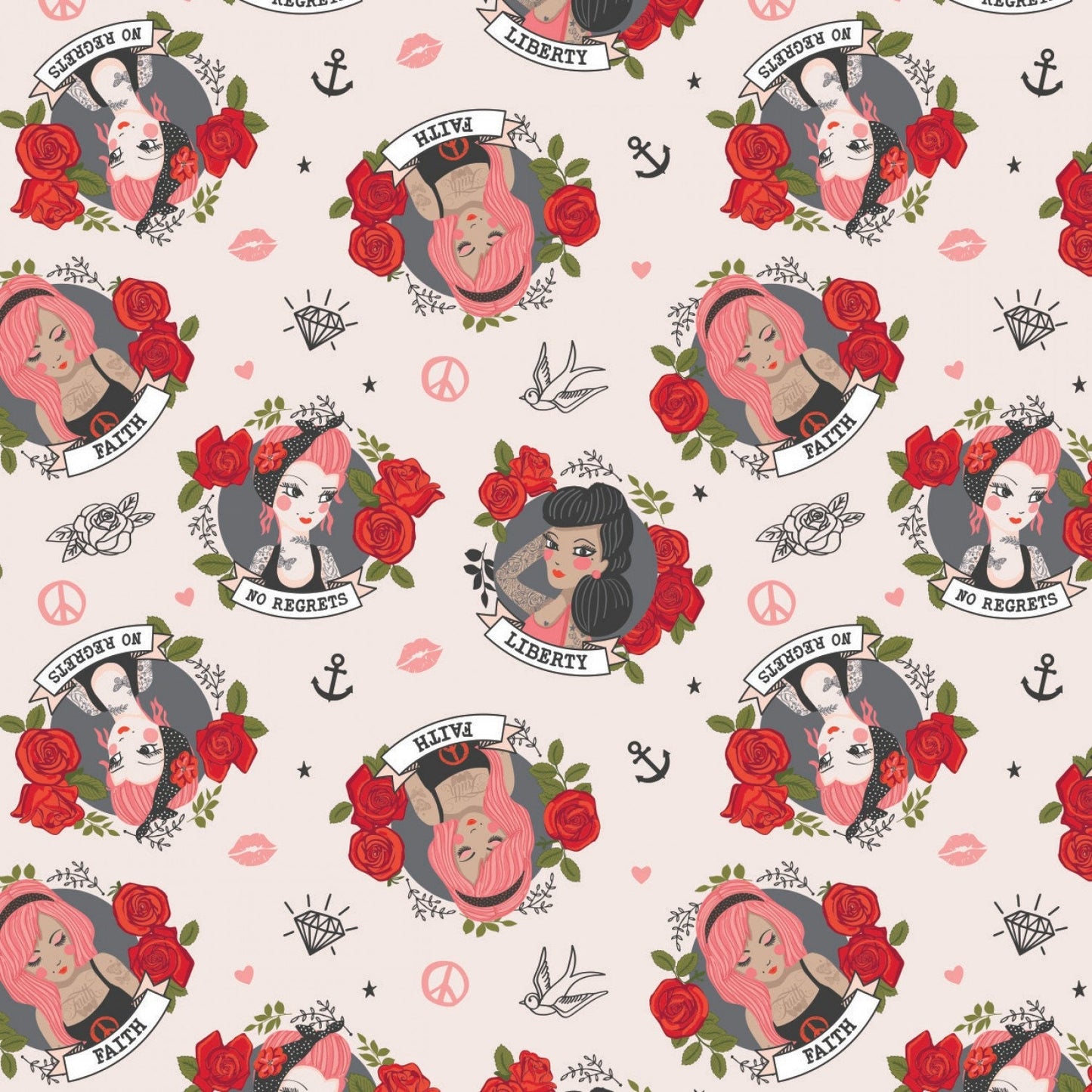 Tattoo Parlour from Camelot Fabrics - 1/2 Yard Light Peach Quotes - Tattooed Girl Cameos on Pink - No Regrets Liberty Faith - Tattoos Roses