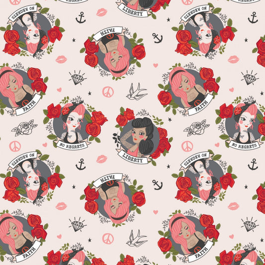 Tattoo Parlour from Camelot Fabrics - 1/2 Yard Light Peach Quotes - Tattooed Girl Cameos on Pink - No Regrets Liberty Faith - Tattoos Roses