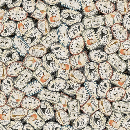 Hocus Pocus from P&B Textiles - 1/2 Yard Packed Potion Labels - Halloween Labels - Witch's Brew, Magical Mushrooms, Pumpkin Guts, Poison