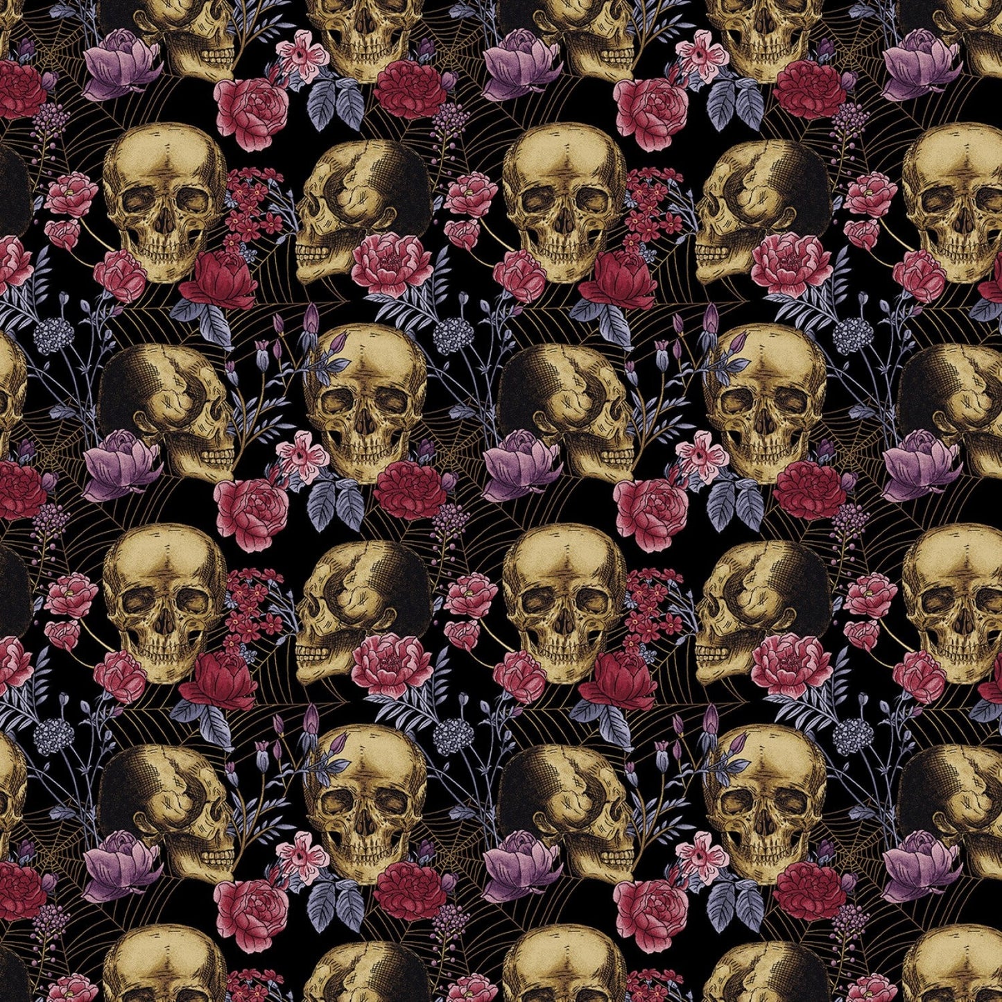 Bones Collection from Studio E - 1/2 Yard Black Skulls and Flowers