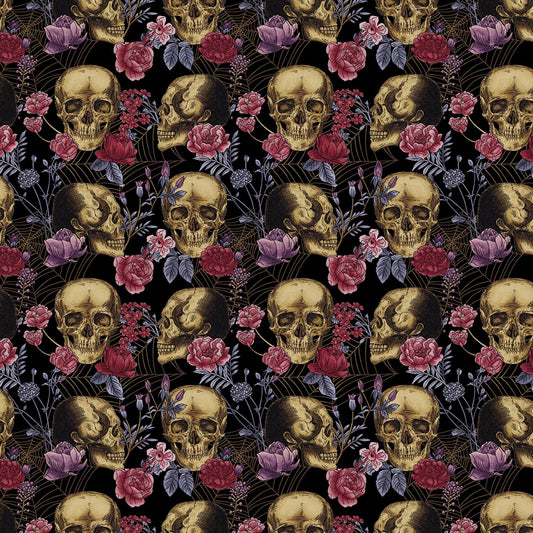 Bones Collection from Studio E - 1/2 Yard Black Skulls and Flowers