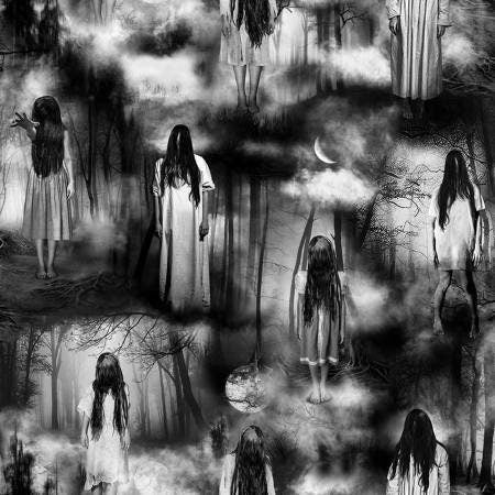 Grey Creppe Ghost Girls from the Wicked Line for Timeless Treasures - Half Yard - Black and White Ghost Girl in the Woods
