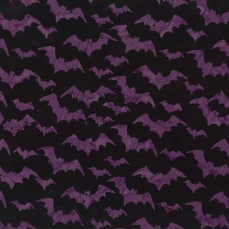 Spellbound Batik from Timeless Treasures - 1/2 Yard Spell Flying Bats - Halloween Purple Bats on Black