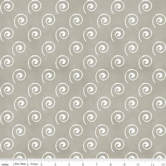 Coffee Chalk From Riley Blake Designs - 1/2 Yard of White Spirals on Light Gray