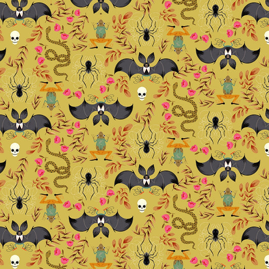 Boo from Dear Stella - 1/2 Yard Hemp Batty - Halloween Bats, Snakes, Frogs, Spiders, Flowers on Green