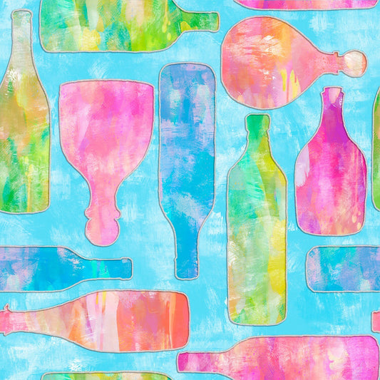 Mixology from 3 Wishes Fabrics - 1/2 Yard of Colorful Alcohol Bottles on Light Blue